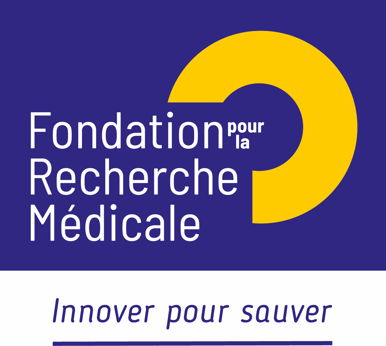 Logo de la Fondation pour la Recherche Médicale sur un fond bleu avec un demi arc jaune