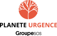 Sous une arbre blanc sur un fond orange, logo de la Planète urgence 